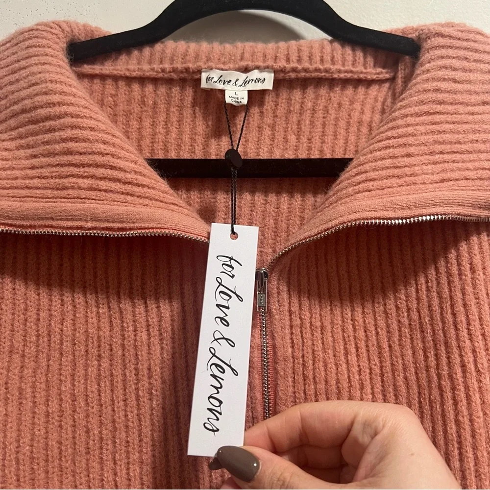 NEW NWT For Love & Lemons Ryan Half Zip Cropped Sweater In Rose Pink